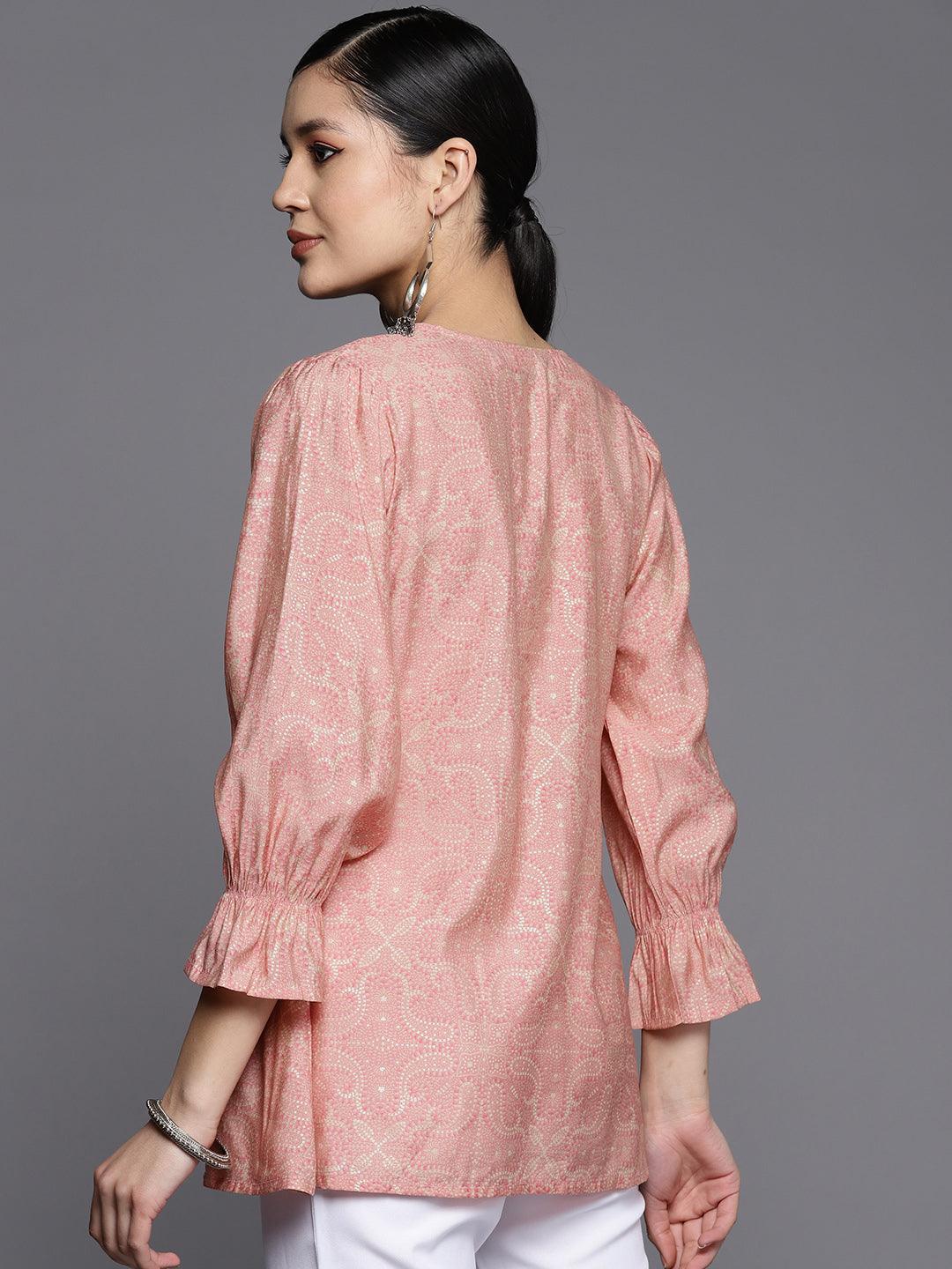 Peach Printed Silk Blend A-Line Kurti - ShopLibas