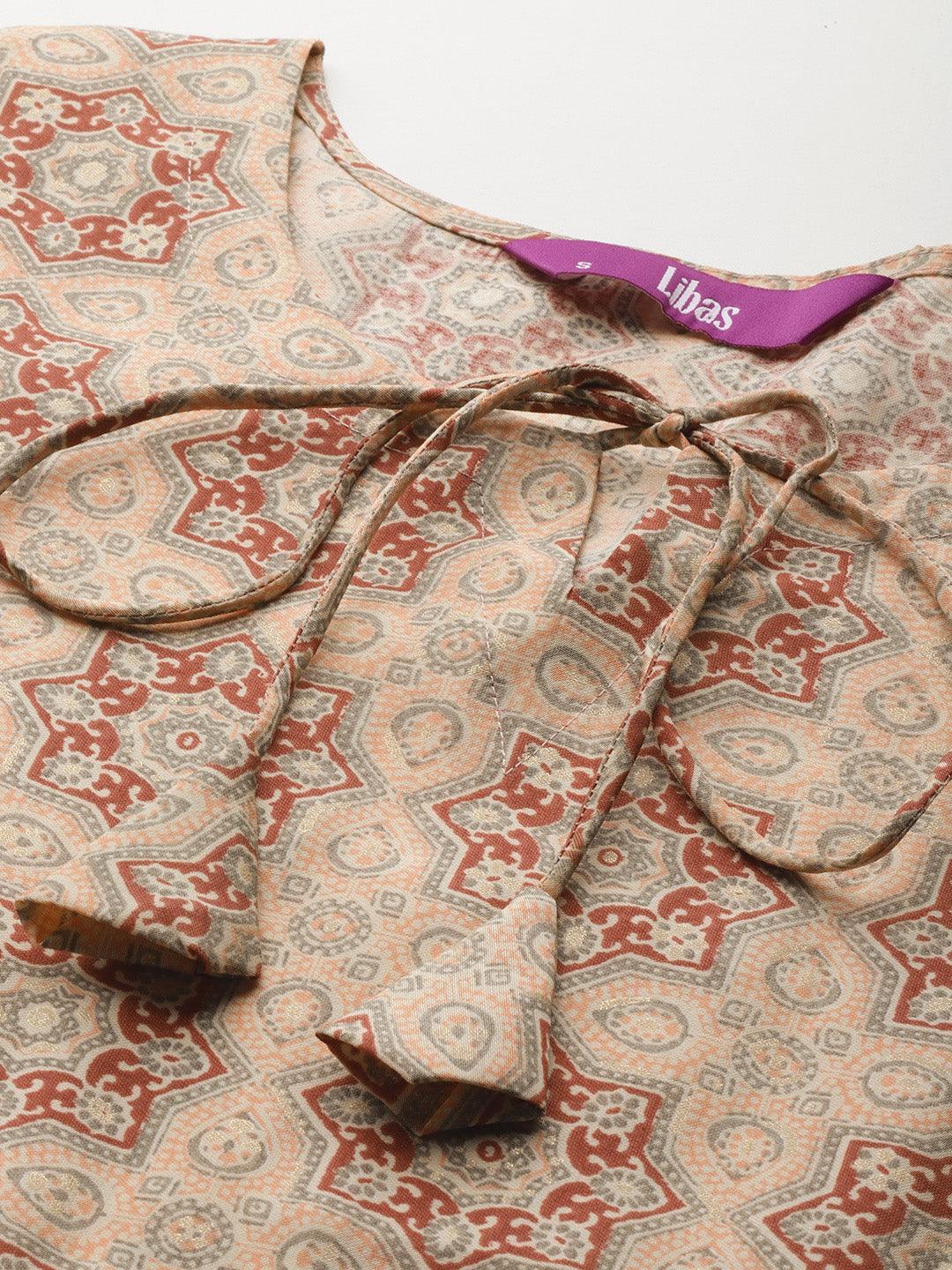 Peach Printed Silk Blend A-Line Kurti - Libas