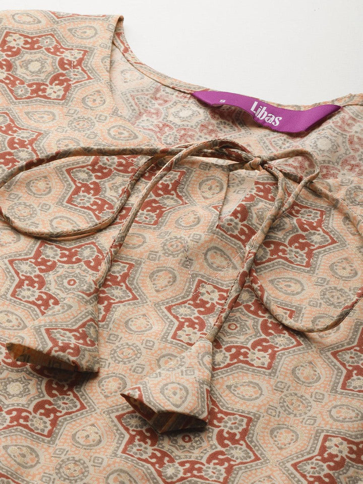 Peach Printed Silk Blend A-Line Kurti