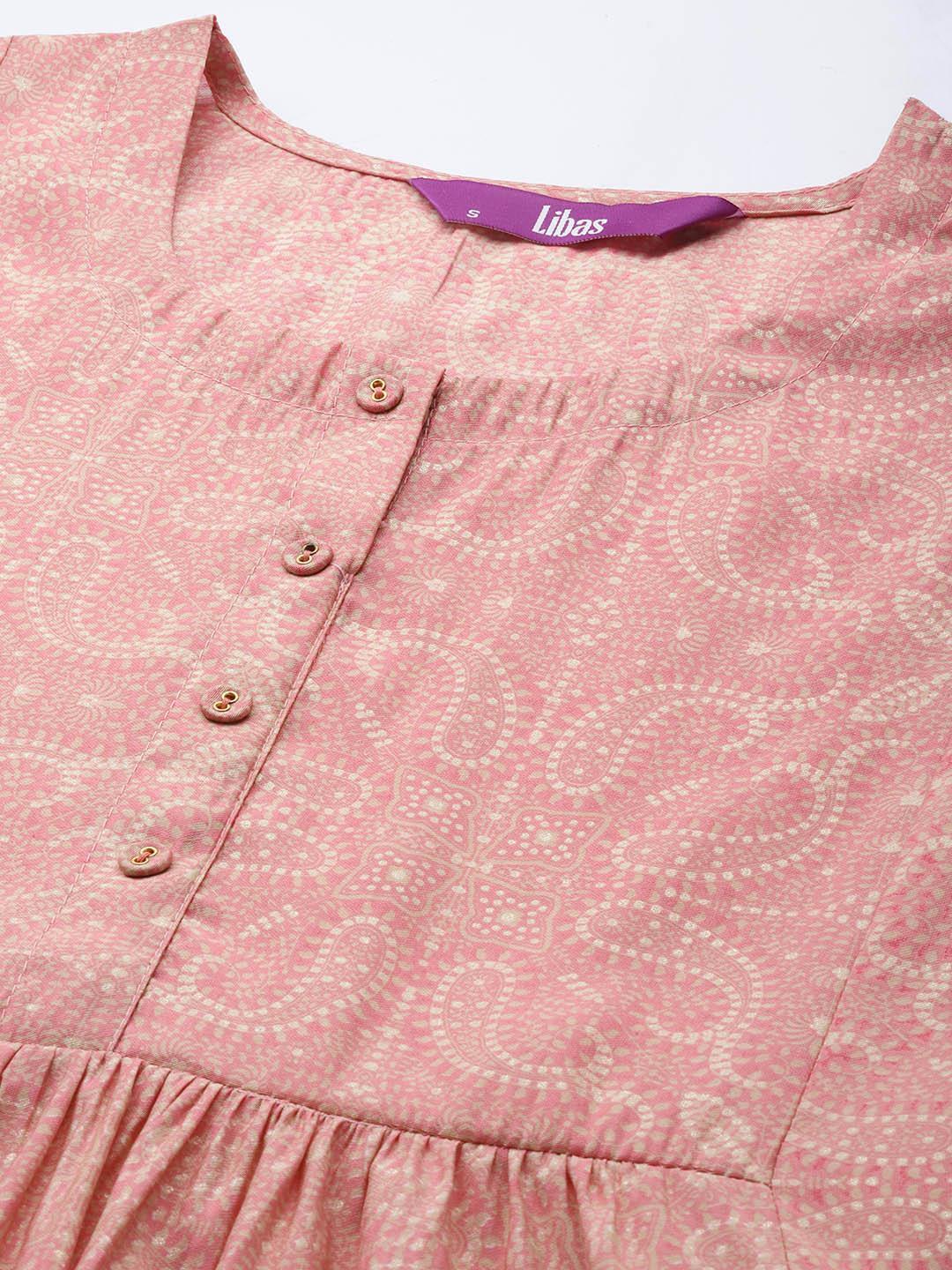 Peach Printed Silk Blend A-Line Kurti - ShopLibas