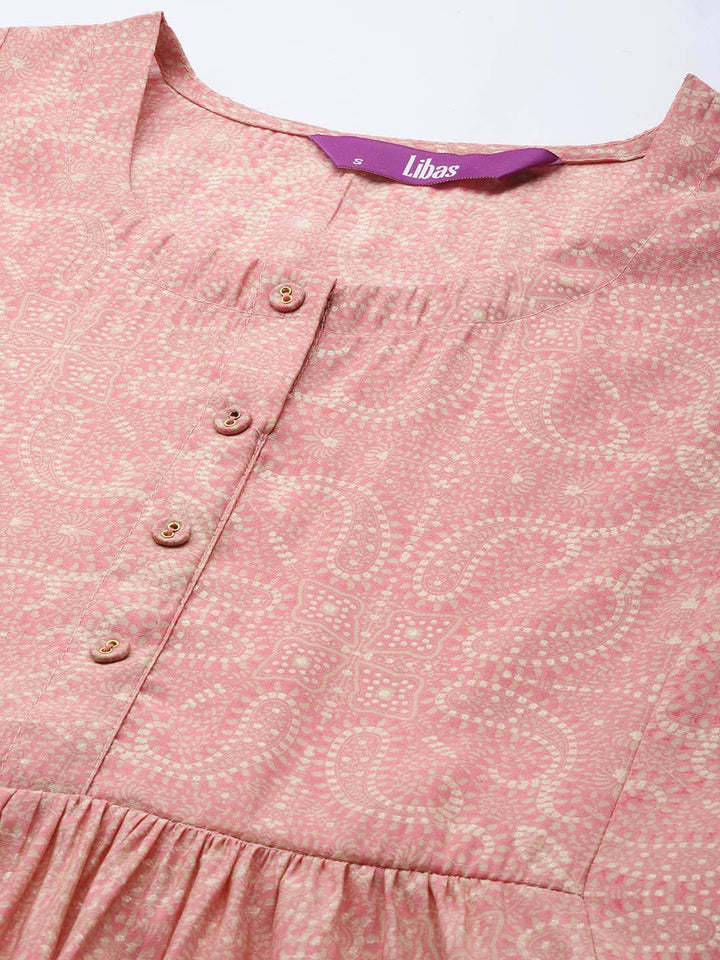 Peach Printed Silk Blend A-Line Kurti