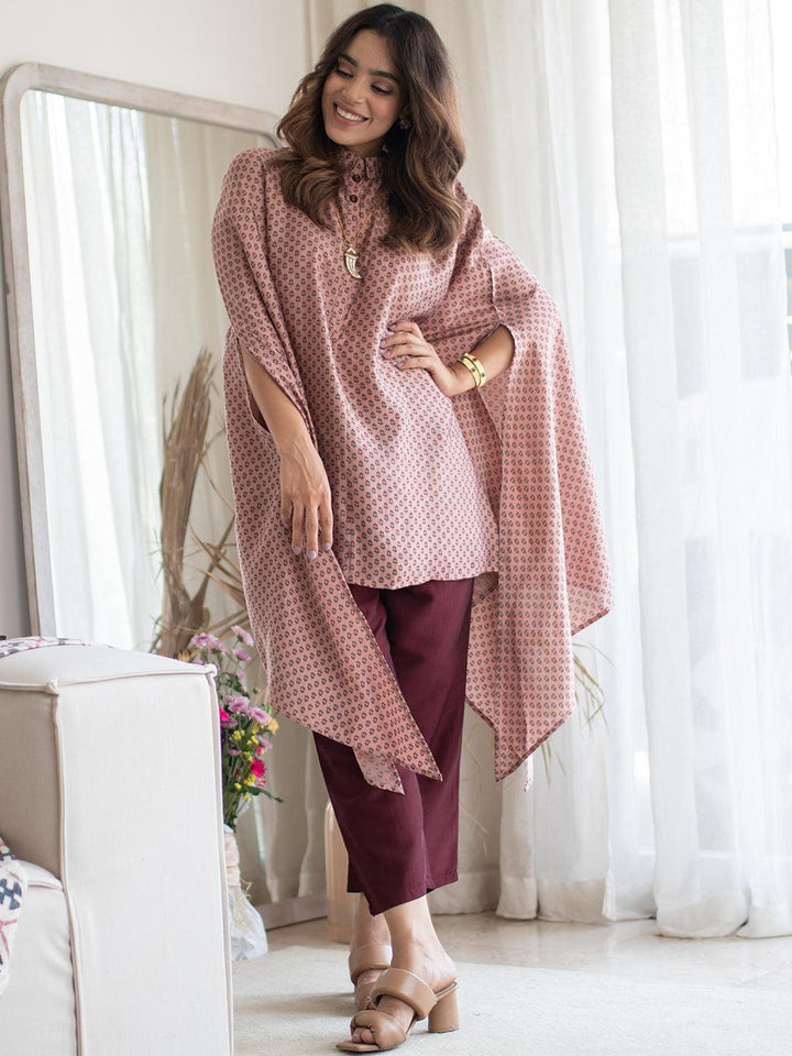 Peach Printed Silk Blend Kurta Set