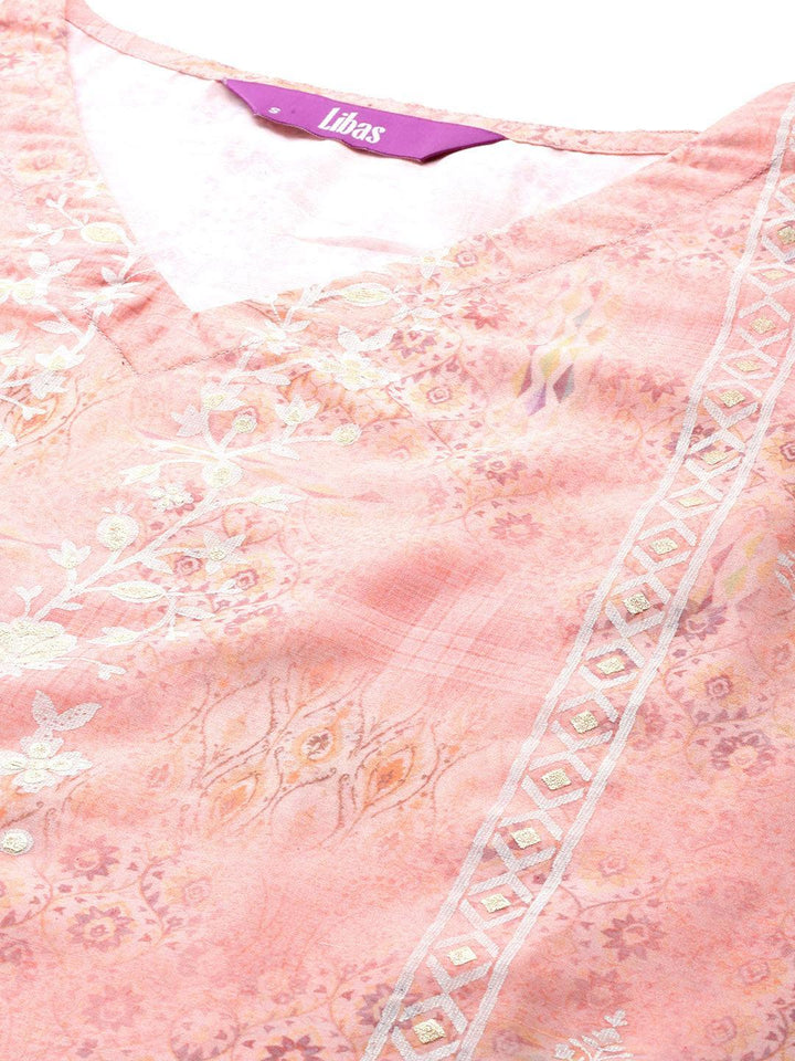 Peach Printed Silk Blend Kaftan Kaftan With Trousers