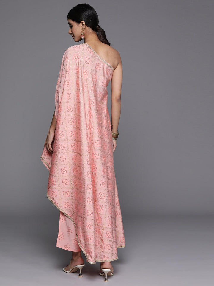 Peach Printed Silk Blend Kaftan Kurta With Trousers