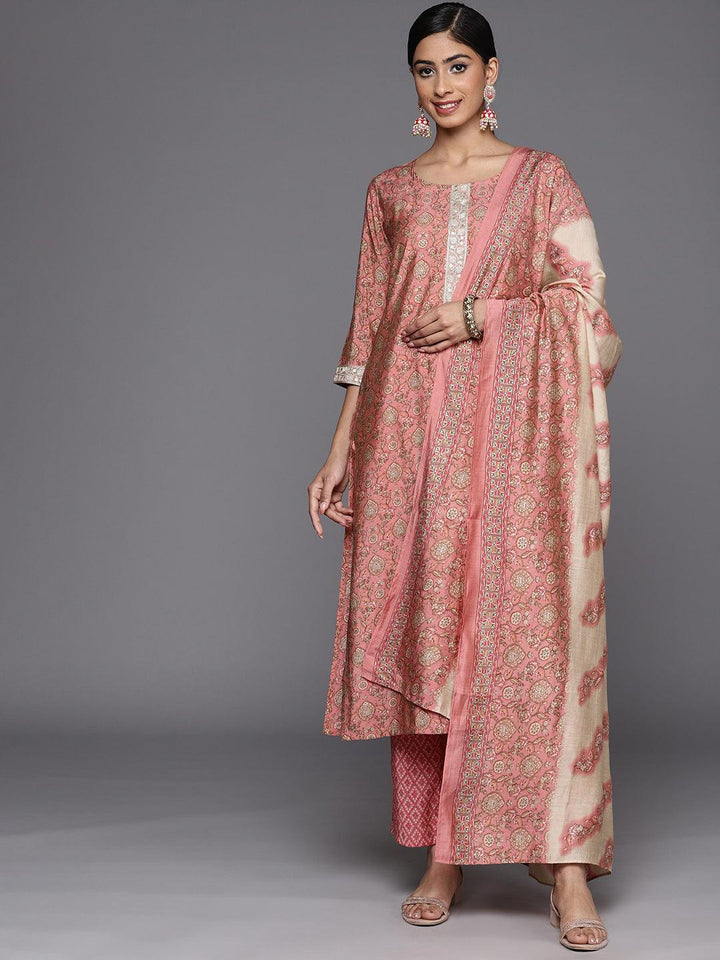 Peach Printed Silk Blend Straight Suit Set With Trousers