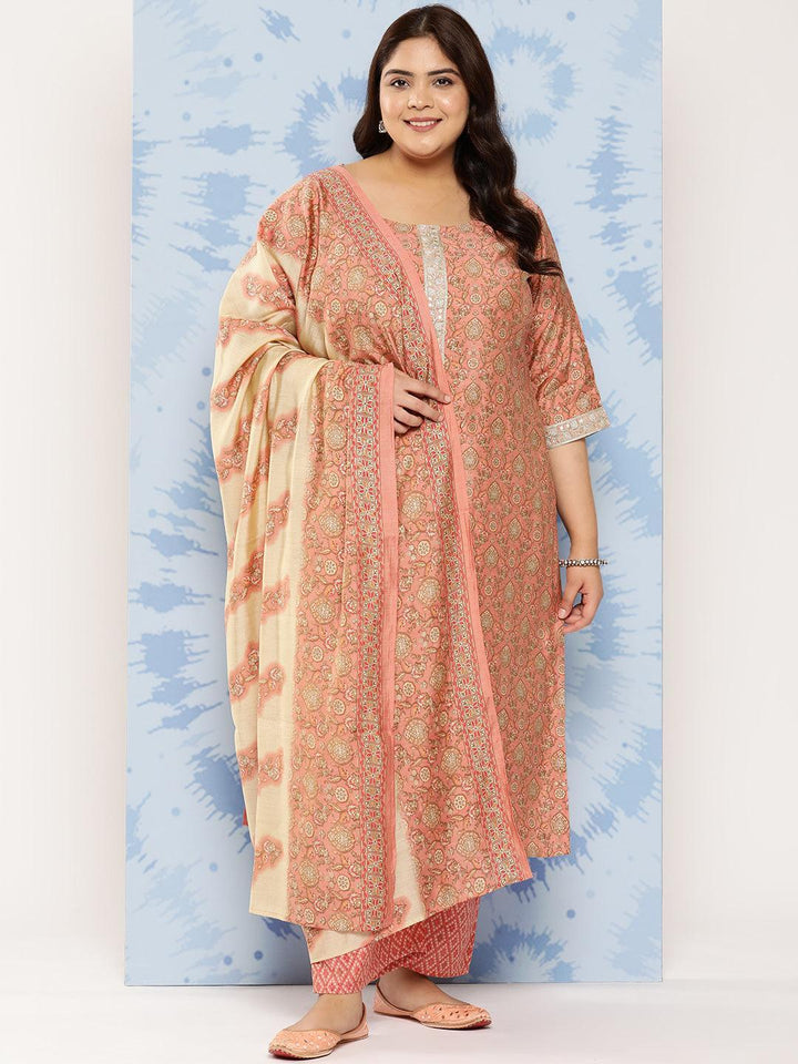 Peach Printed Silk Blend Straight Kurta With Trousers and Dupatta