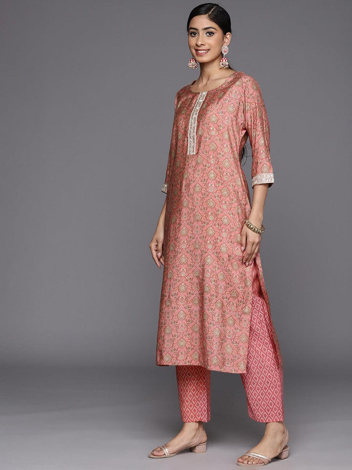 Peach Printed Silk Blend Straight Suit Set With Trousers