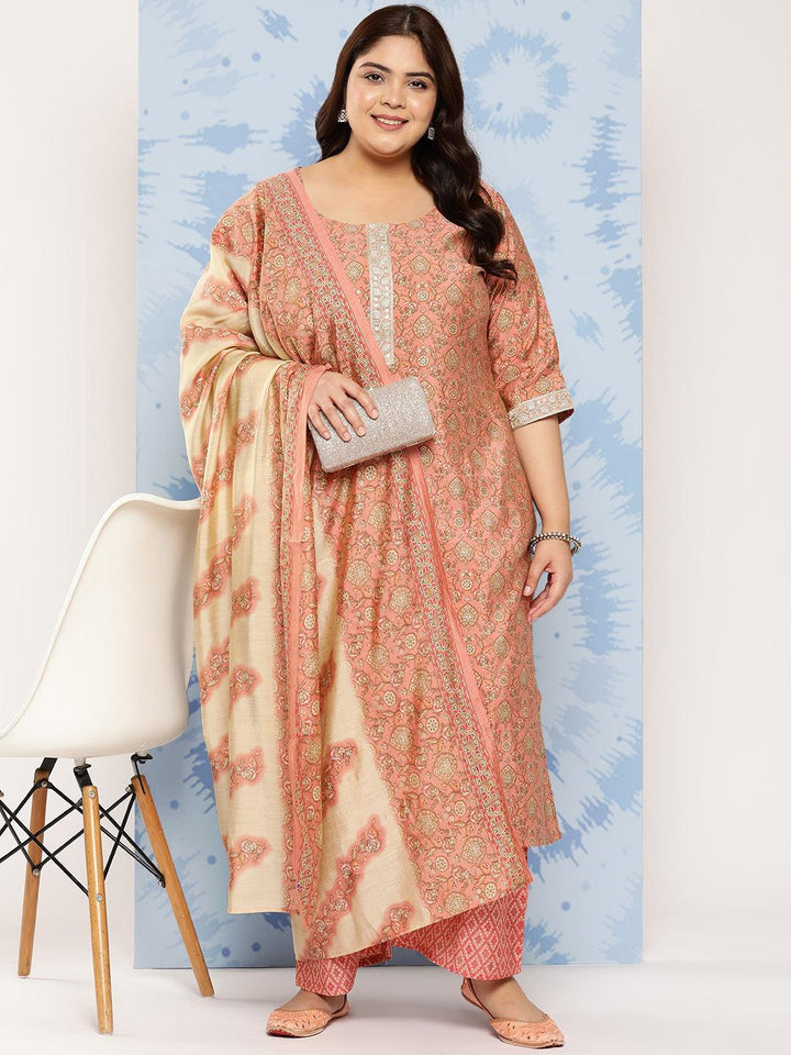 Peach Printed Silk Blend Straight Kurta With Trousers and Dupatta