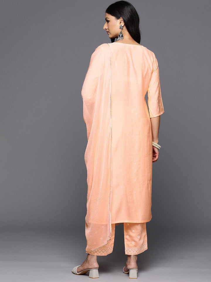 Peach Printed Silk Blend Straight Kurta With Trousers & Dupatta