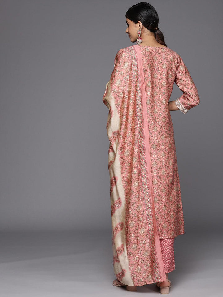 Peach Printed Silk Blend Straight Suit Set With Trousers