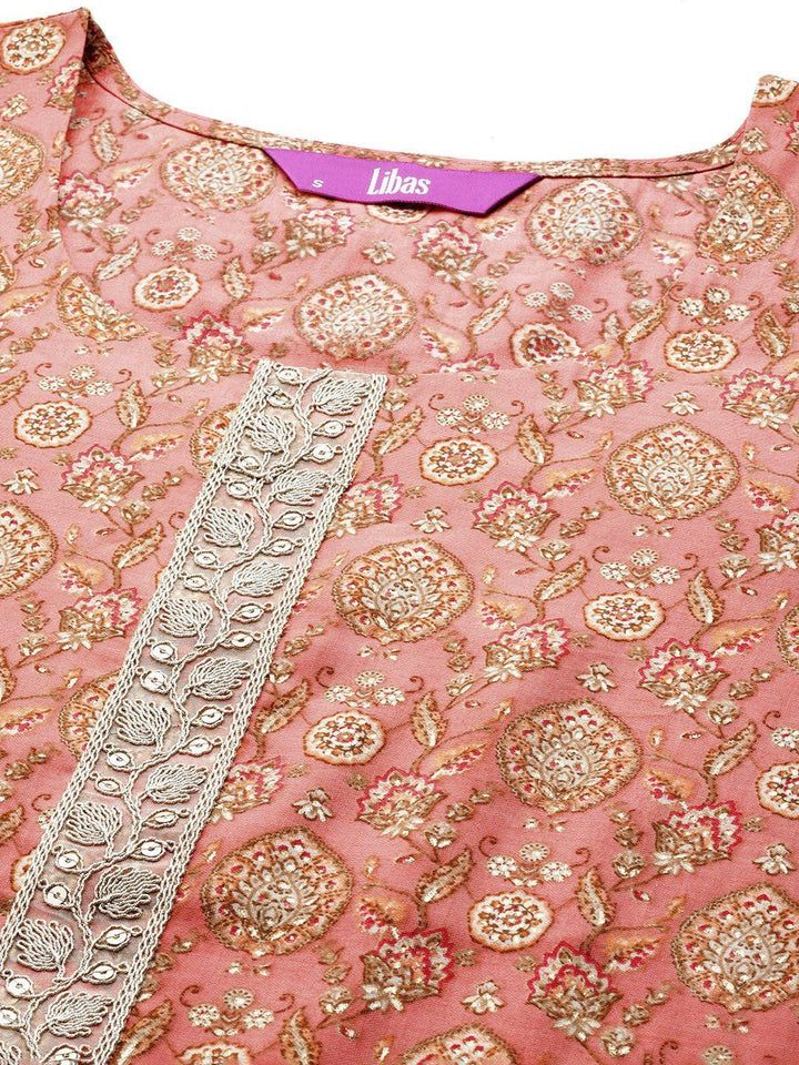 Peach Printed Silk Blend Straight Suit Set With Trousers