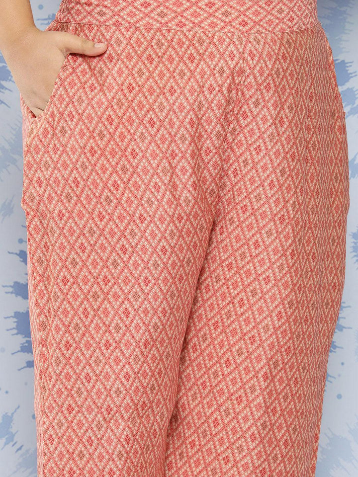 Peach Printed Silk Blend Straight Kurta With Trousers and Dupatta