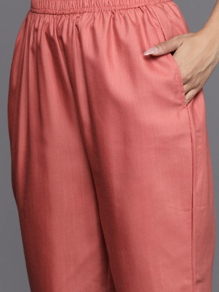 Peach Printed Silk Blend Straight Kurta With Trousers