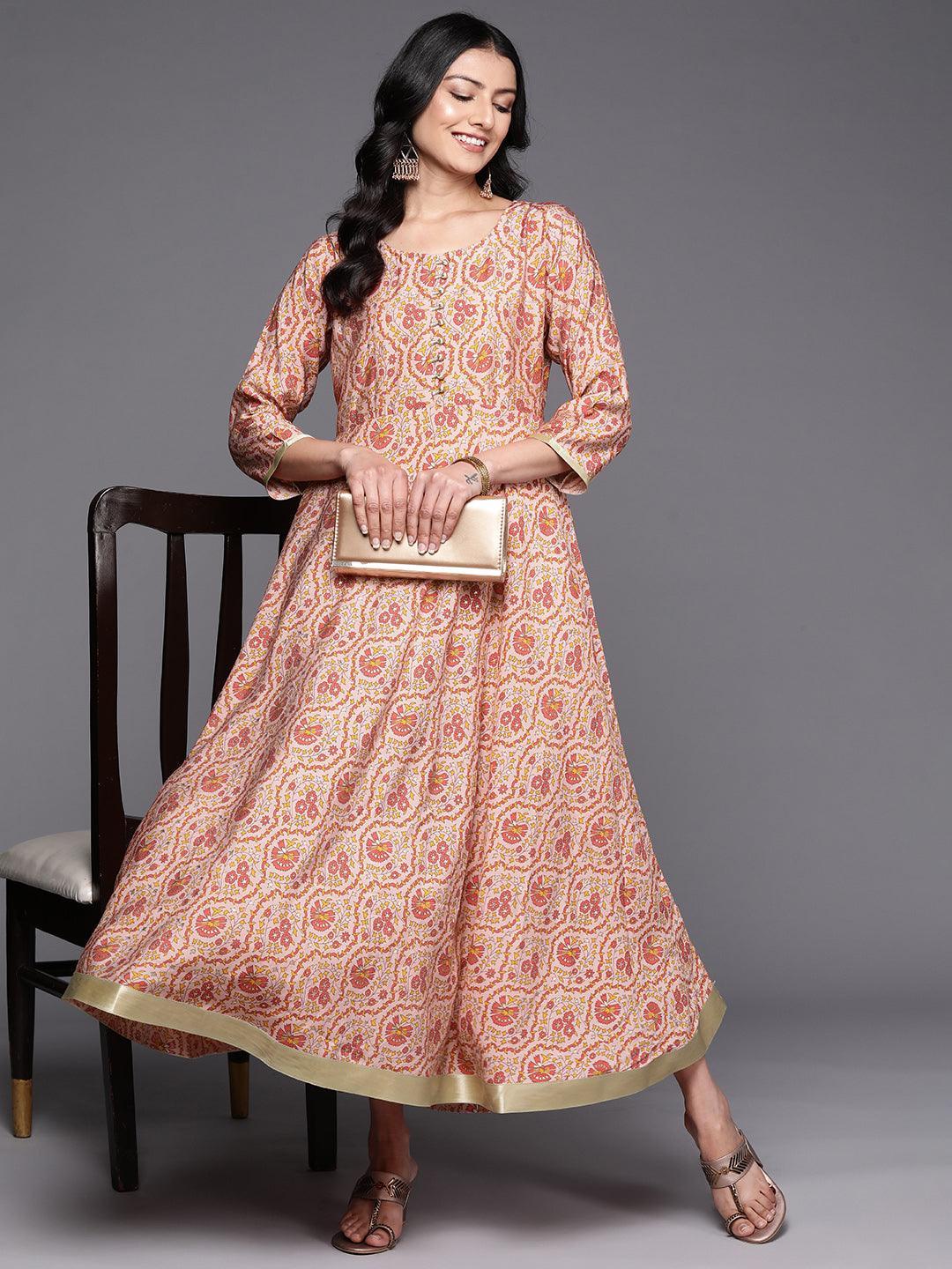 Peach Printed Silk Fit and Flare Dress - ShopLibas