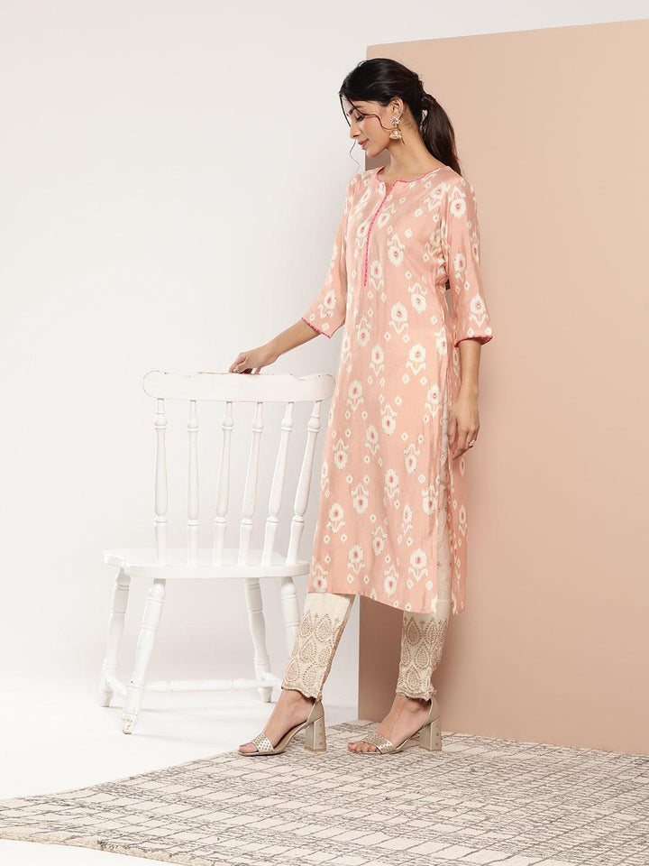 Peach Printed Silk Straight Kurta