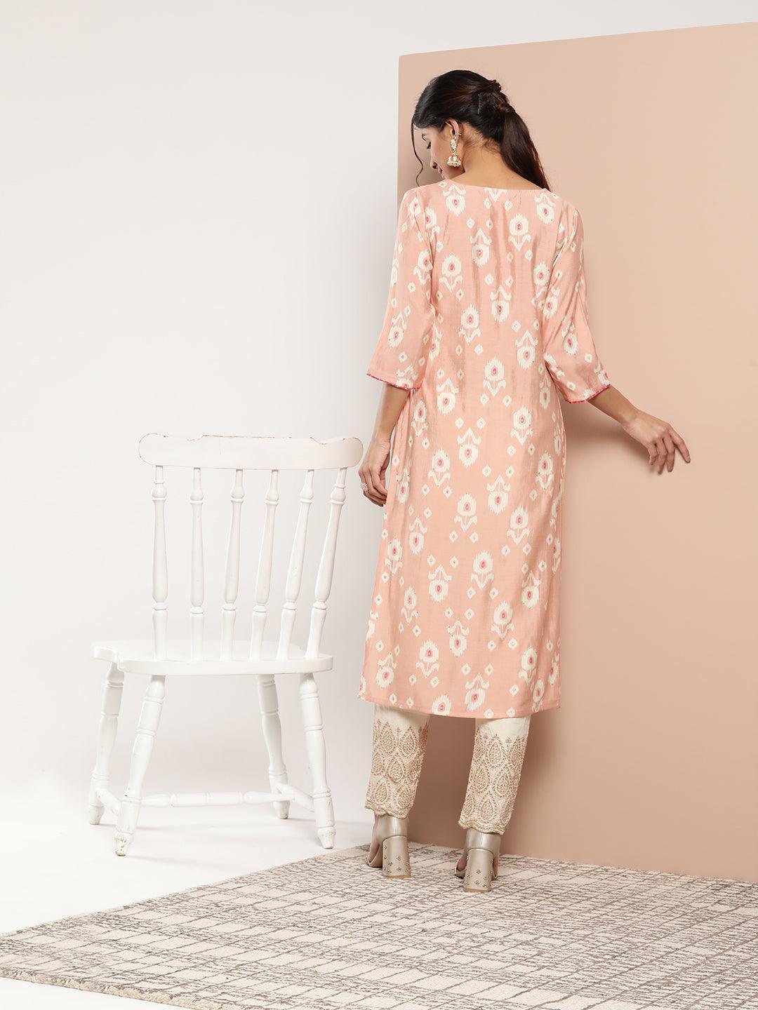 Peach Printed Silk Straight Kurta - ShopLibas