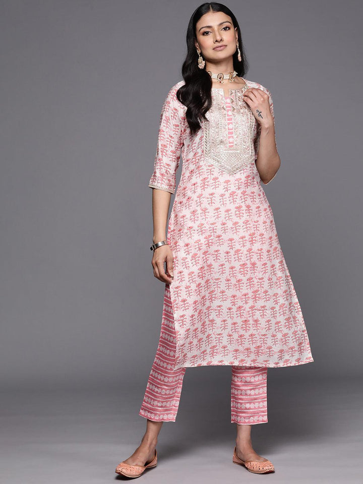Peach Printed Silk Straight Kurta Set With Trousers