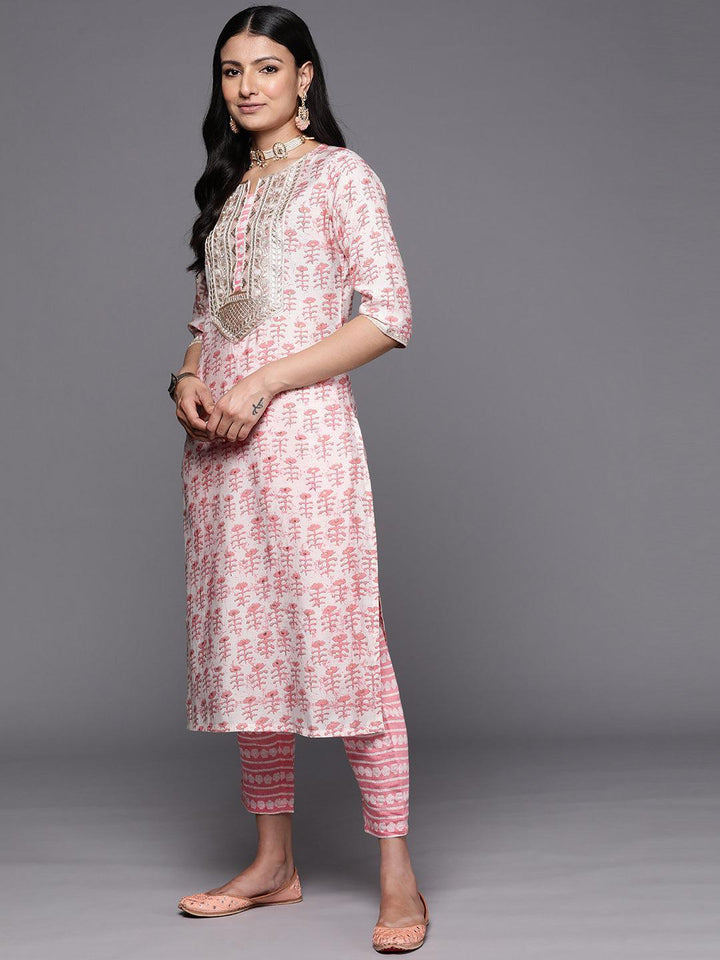 Peach Printed Silk Straight Kurta Set With Trousers