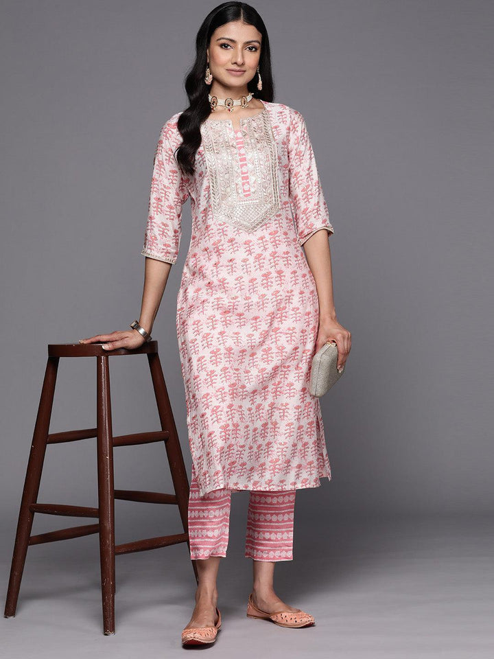 Peach Printed Silk Straight Kurta Set With Trousers