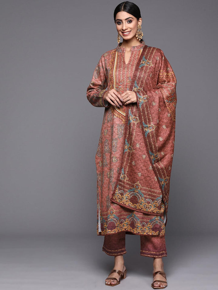 Peach Printed Wool Straight Suit Set