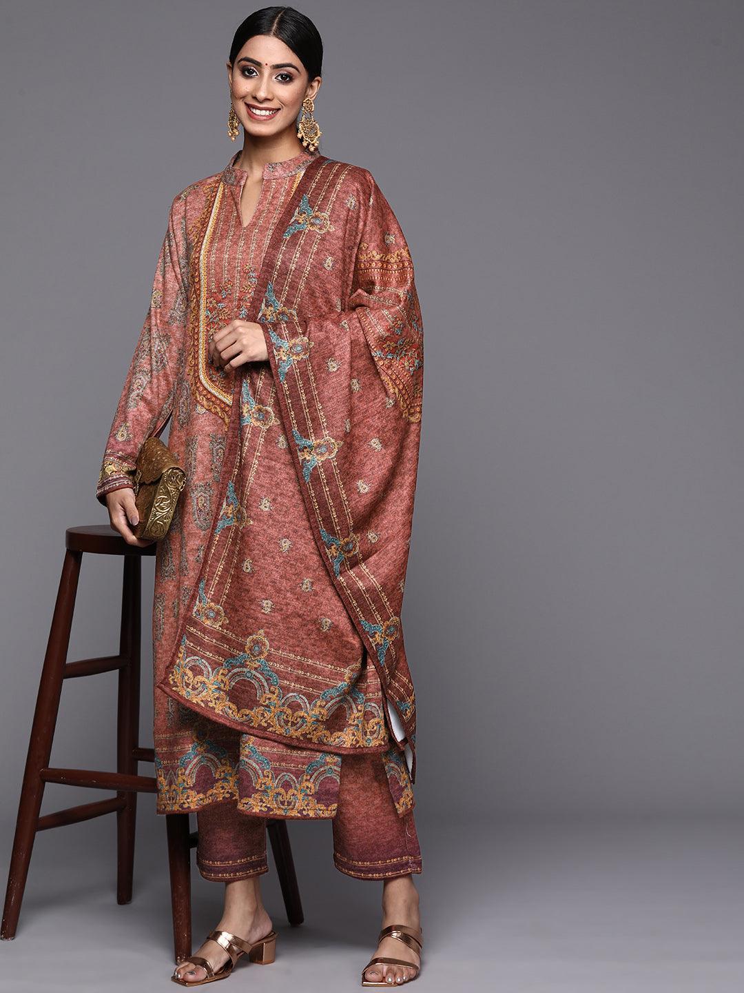Peach Printed Wool Straight Suit Set - ShopLibas