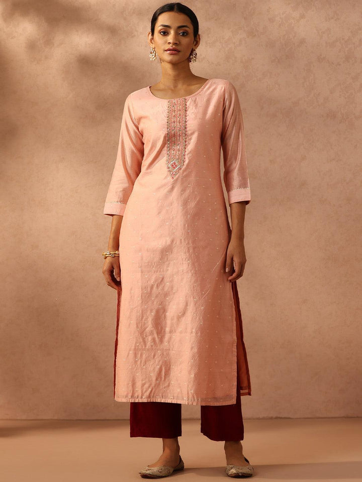 Peach Embellished Chanderi Silk Straight Kurta
