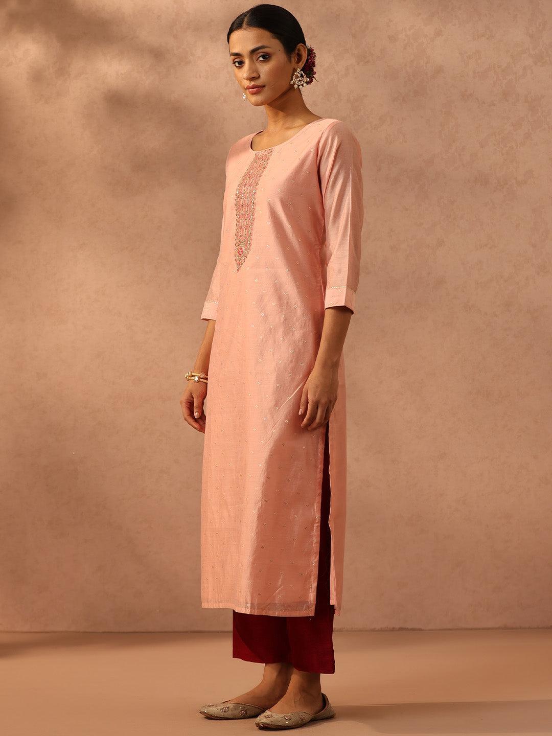 Peach Embellished Chanderi Silk Straight Kurta - ShopLibas