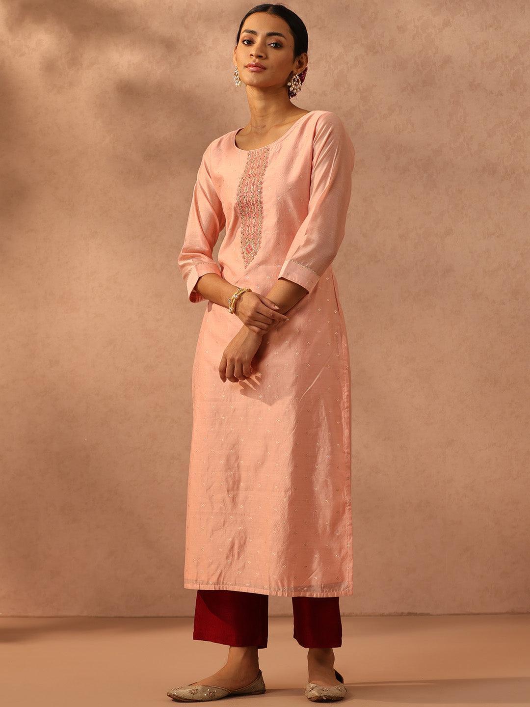 Peach Embellished Chanderi Silk Straight Kurta - ShopLibas