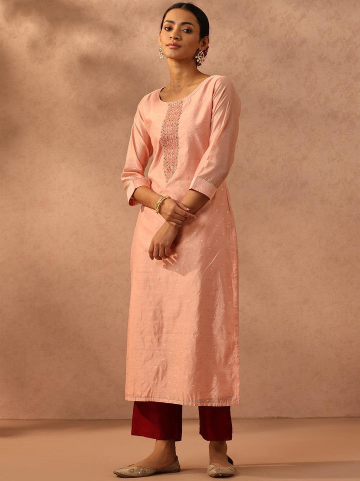 Peach Embellished Chanderi Silk Straight Kurta