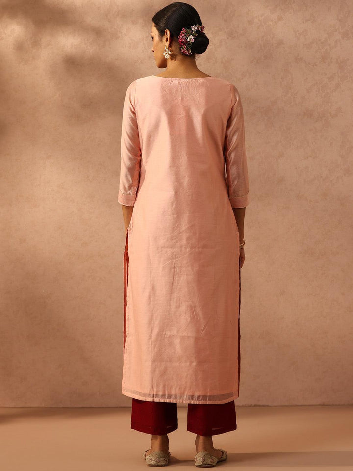 Peach Embellished Chanderi Silk Straight Kurta