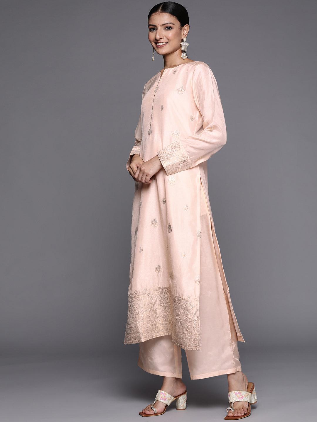Peach Self Design Chanderi Silk Straight Suit Set - ShopLibas