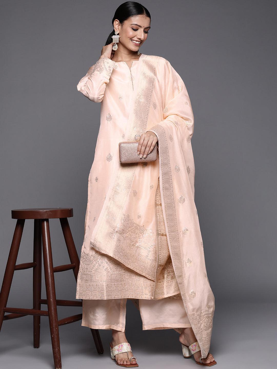 Peach Self Design Chanderi Silk Straight Suit Set - ShopLibas