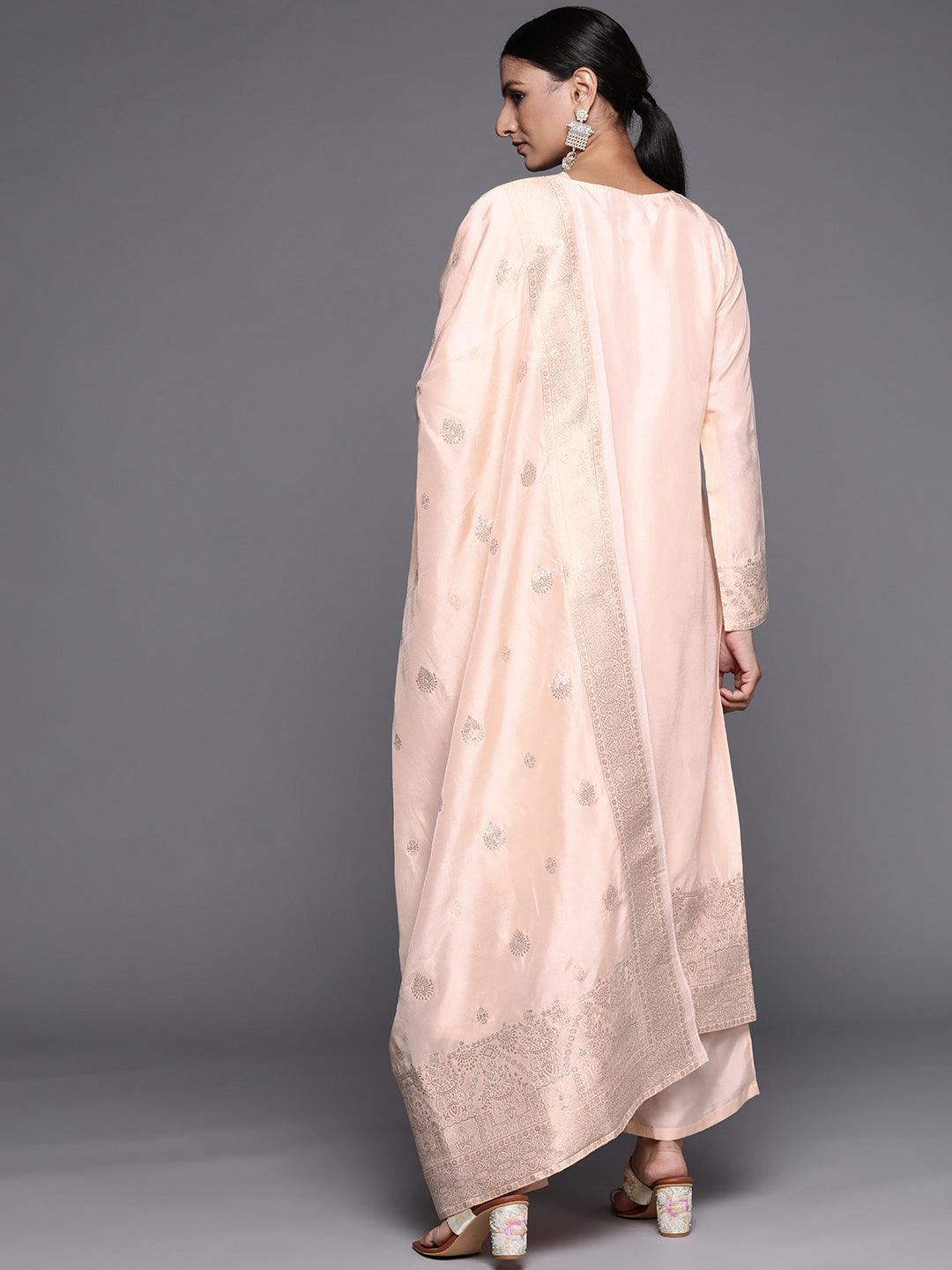 Peach Self Design Chanderi Silk Straight Suit Set - ShopLibas