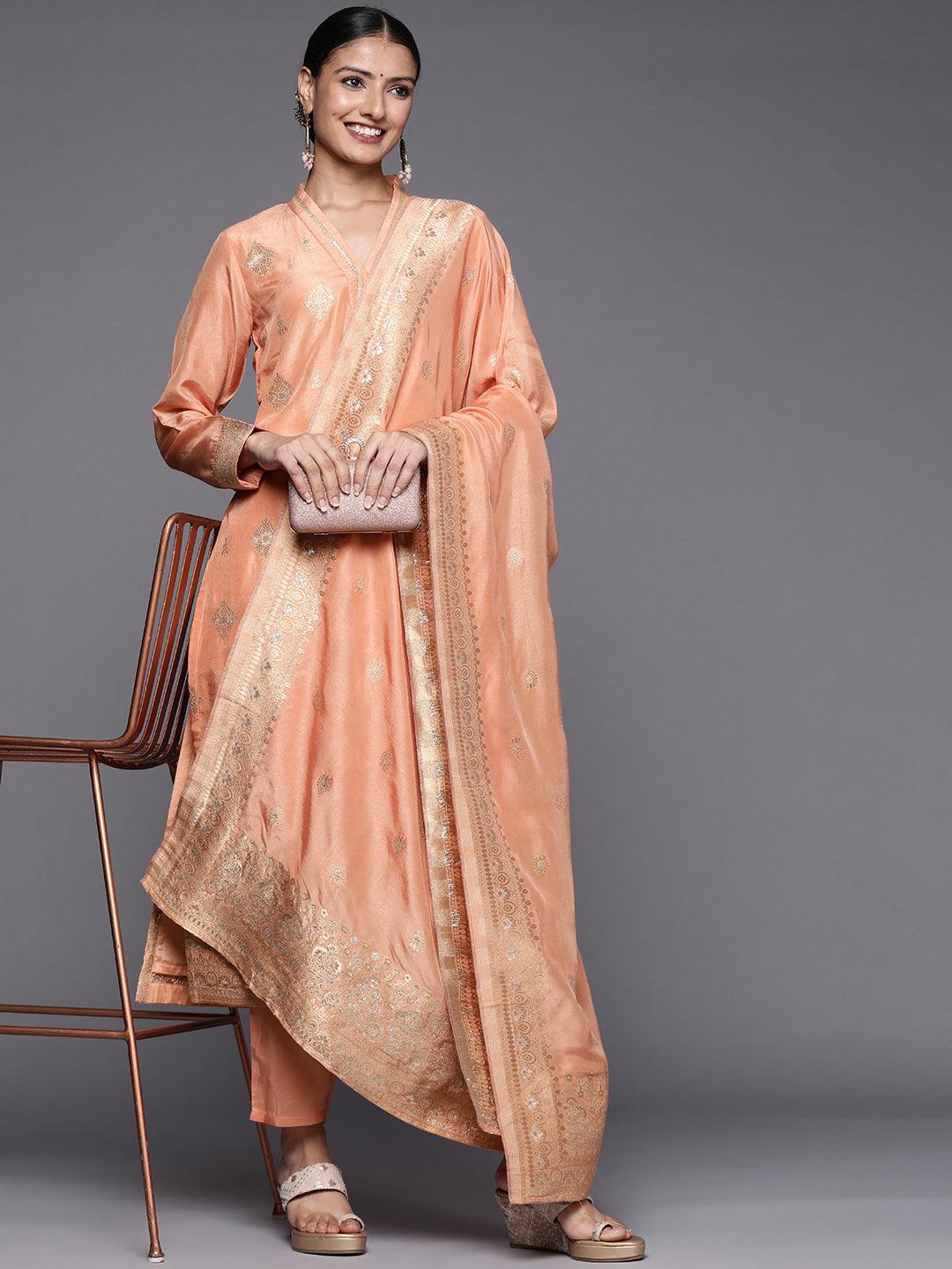 Peach Self Design Chanderi Silk Straight Suit Set - ShopLibas