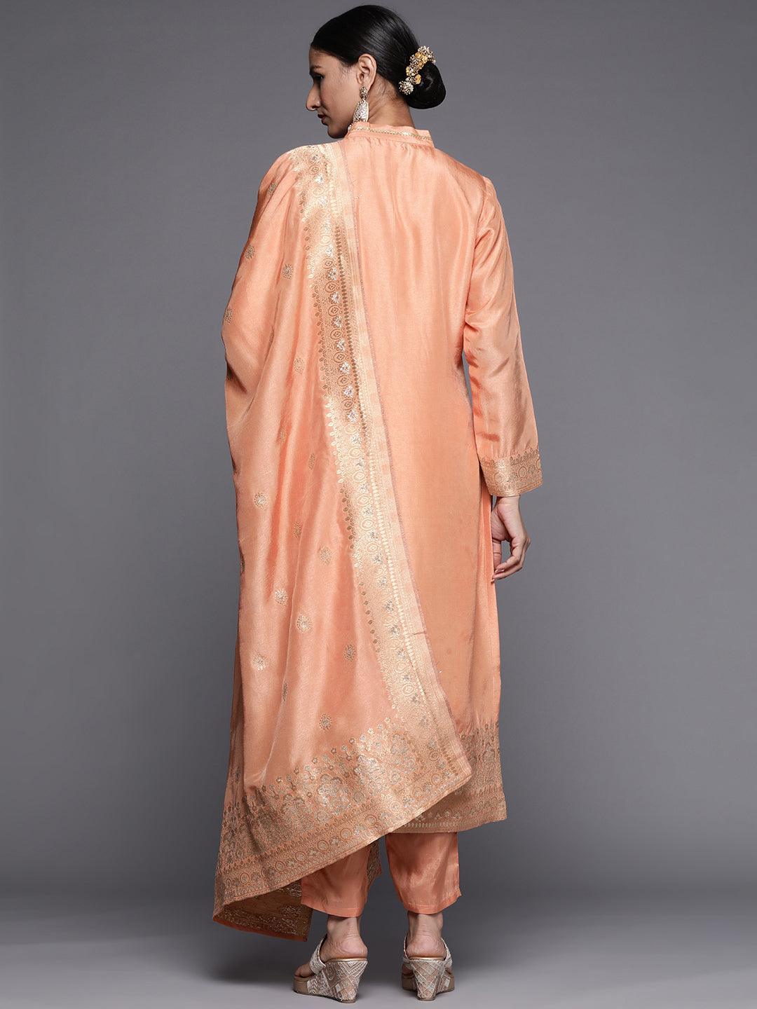 Peach Self Design Chanderi Silk Straight Suit Set - ShopLibas