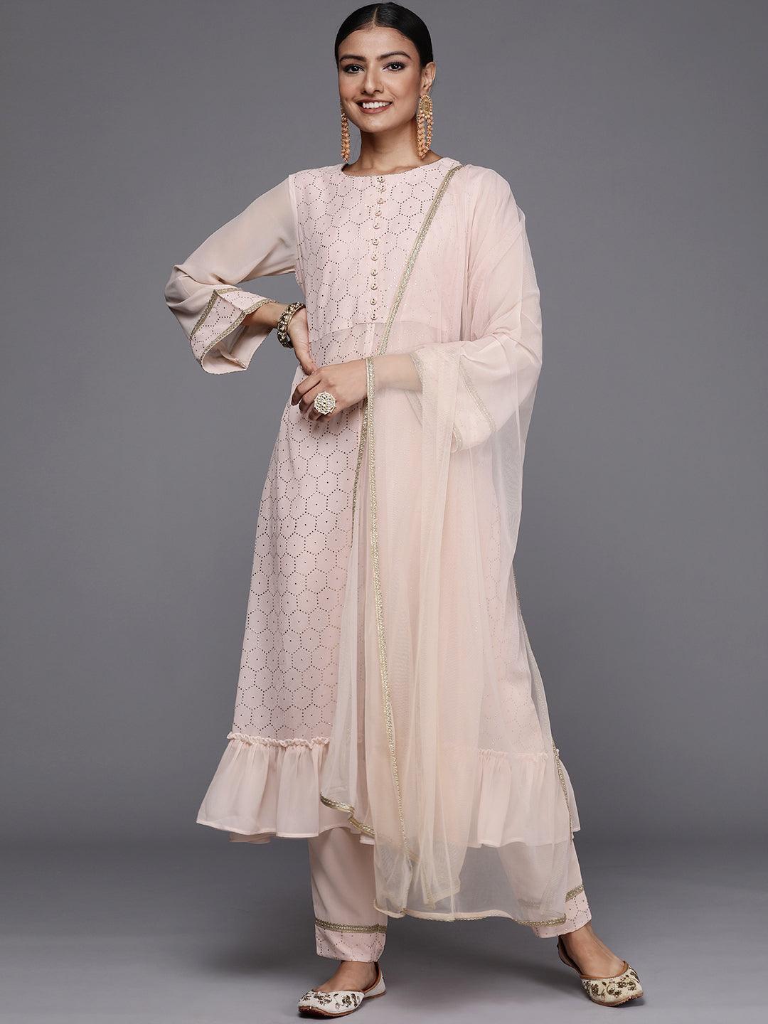 Peach Self Design Georgette Suit Set - ShopLibas