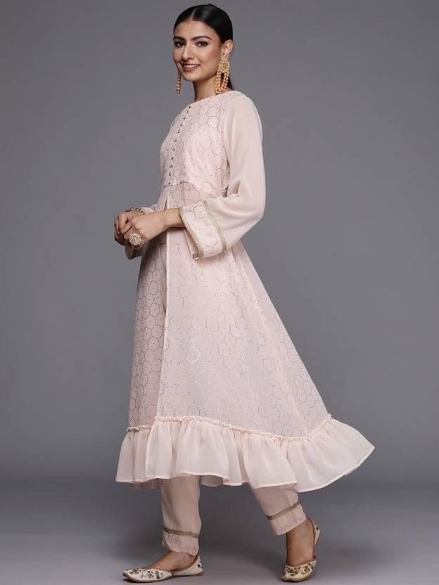 Peach Self Design Georgette Suit Set