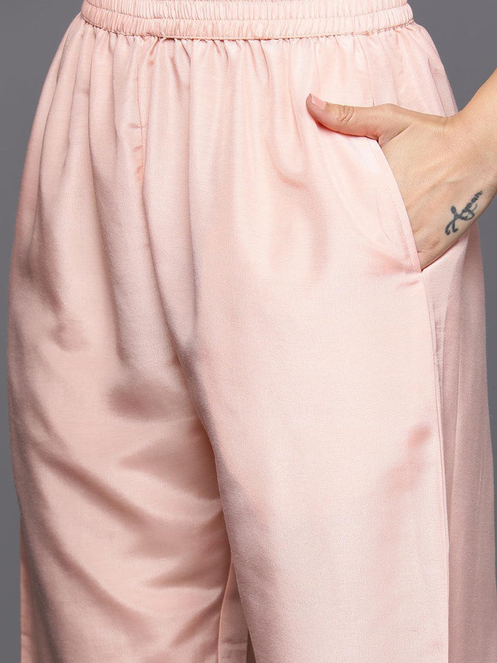 Peach Self Design Rayon Straight Kurta With Trousers & Dupatta