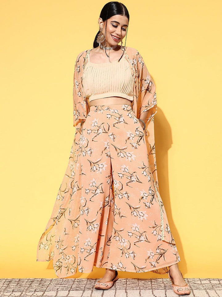 Peach Solid Georgette 3 Piece Co-Ords