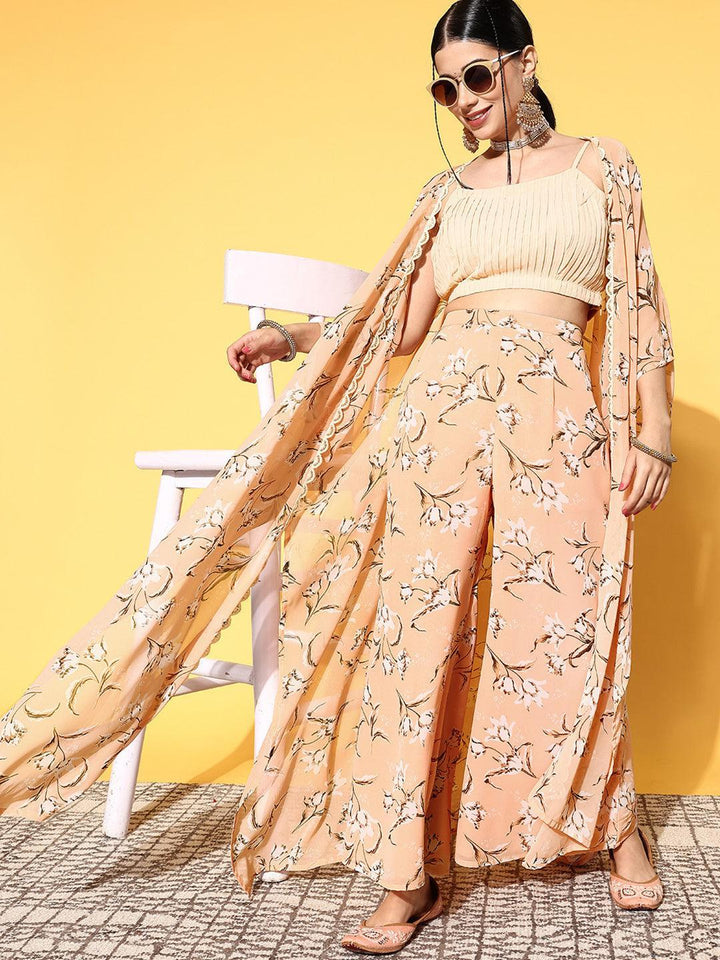 Peach Solid Georgette 3 Piece Co-Ords