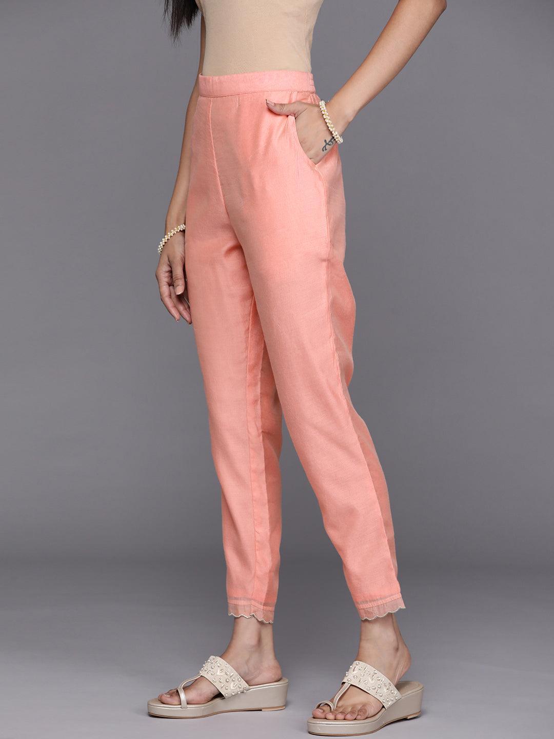 Peach Solid Silk Trousers - ShopLibas