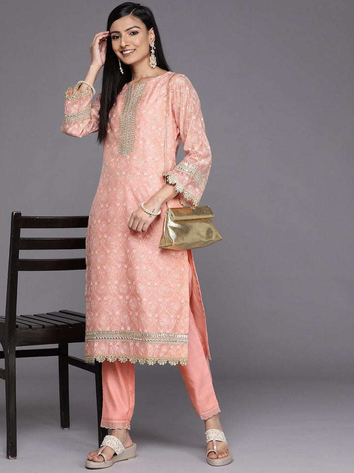 Peach Solid Silk Trousers