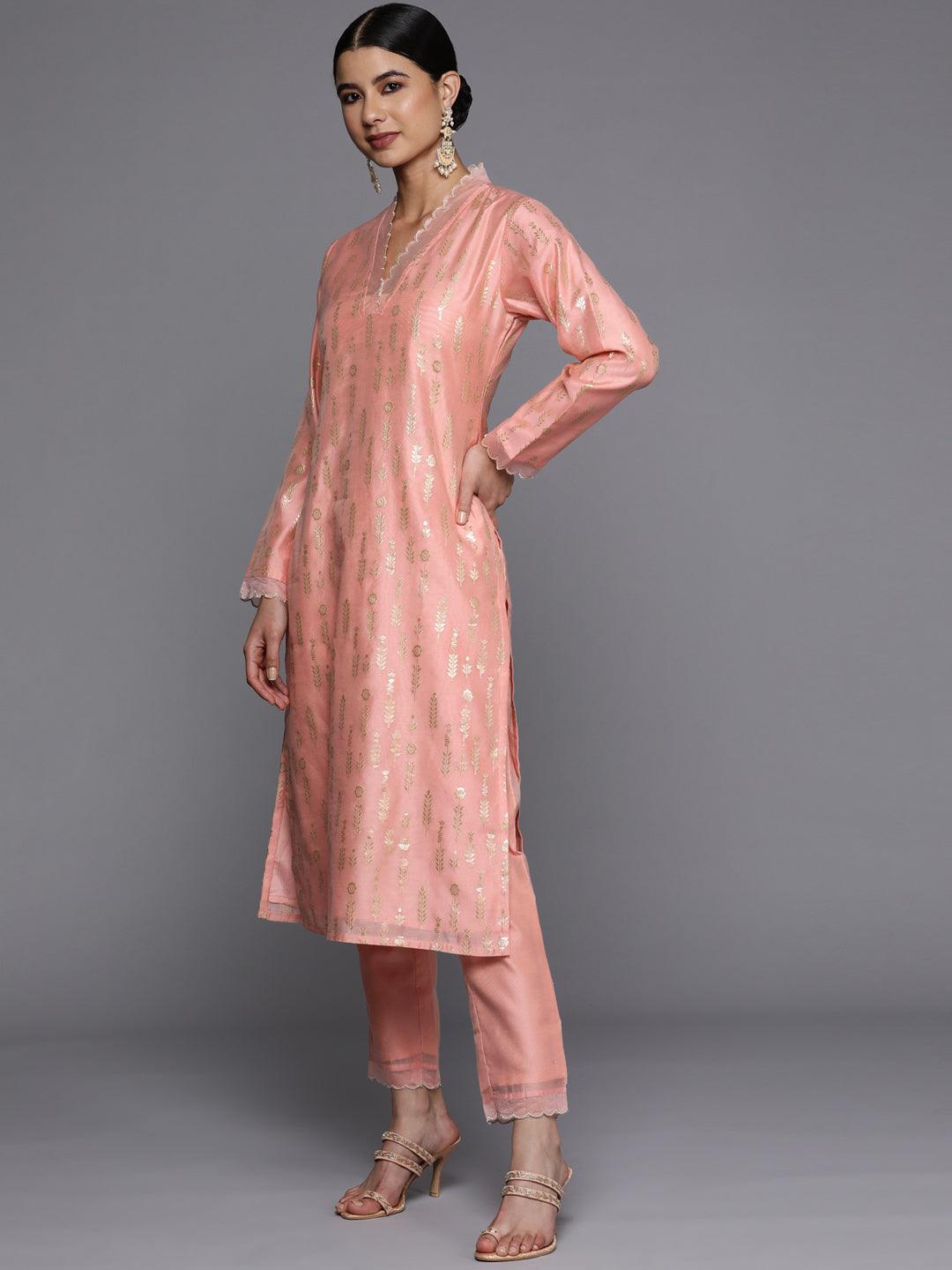 Peach Woven Design Jacquard Straight Kurta - ShopLibas