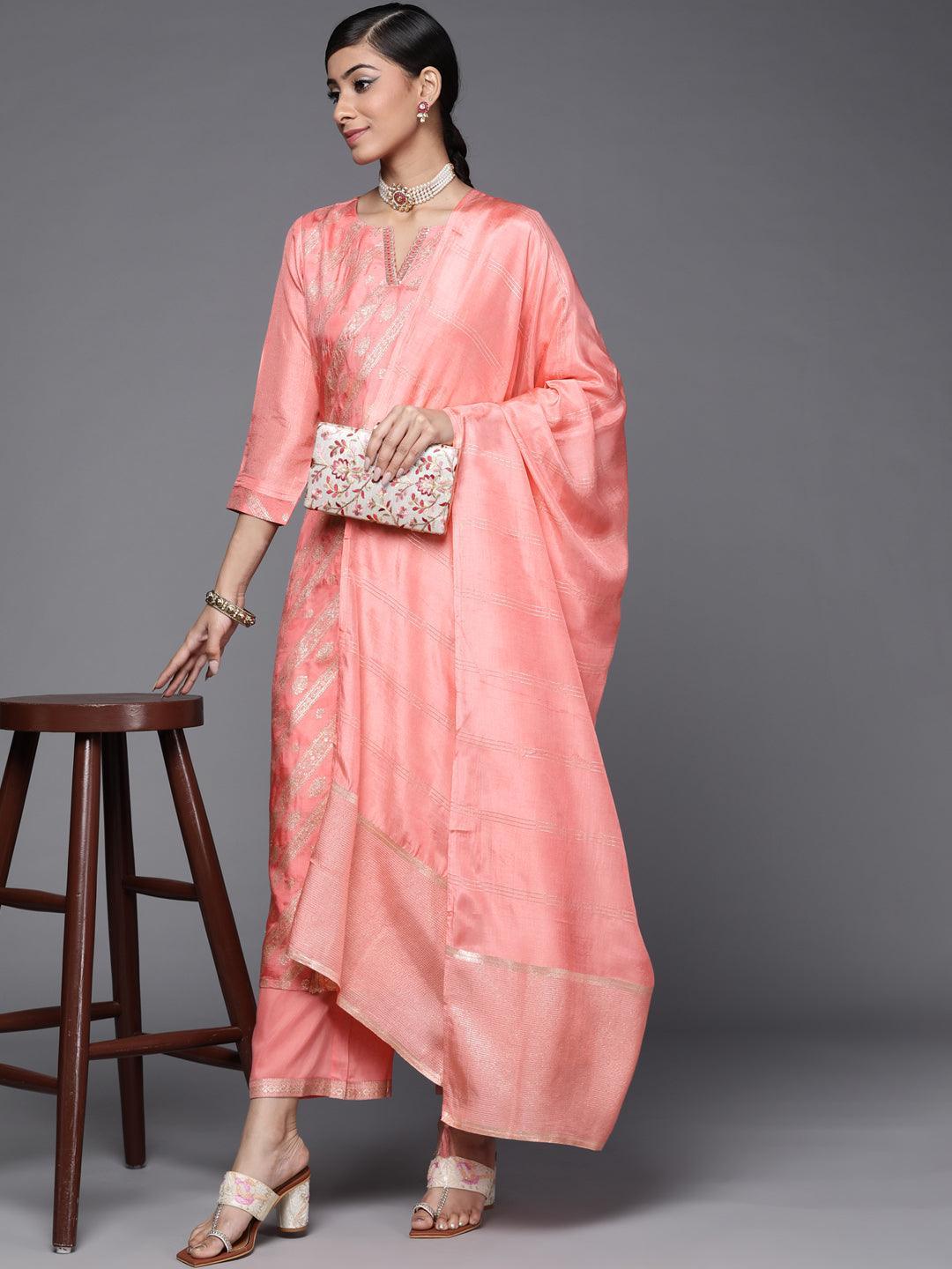 Peach Woven Design Silk Blend Straight Suit Set - ShopLibas