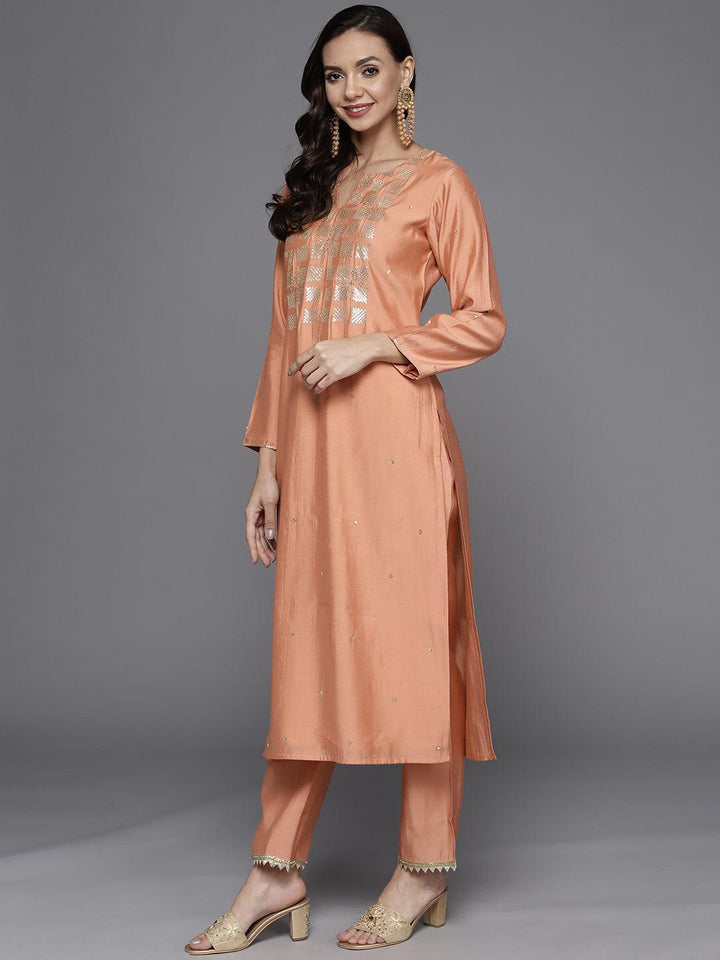 Peach Yoke Design Chanderi Silk Straight Suit Set