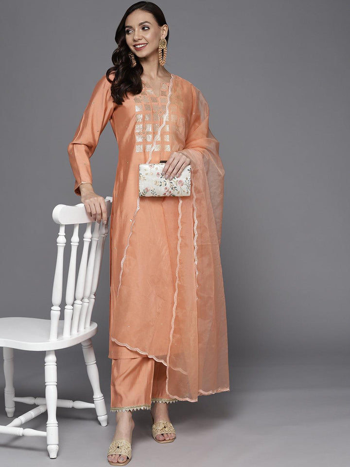 Peach Yoke Design Chanderi Silk Straight Suit Set