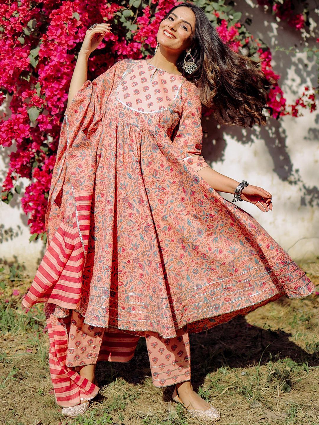 Buy Peach Yoke Design Cotton Anarkali Suit Set With Trousers