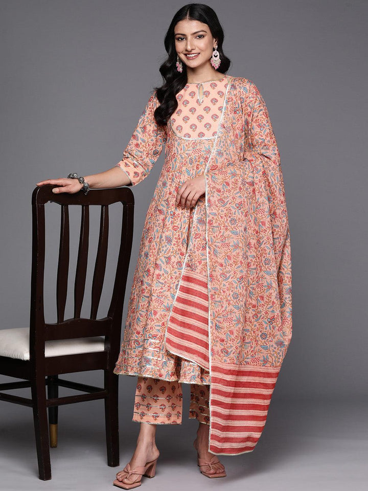 Peach Yoke Design Cotton Anarkali Suit Set With Trousers