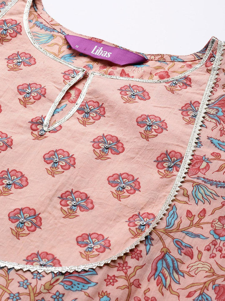 Peach Yoke Design Cotton Anarkali Suit Set With Trousers