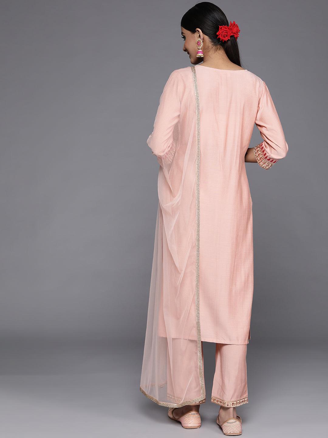 Peach Yoke Design Silk Blend Straight Suit Set With Trousers - Libas